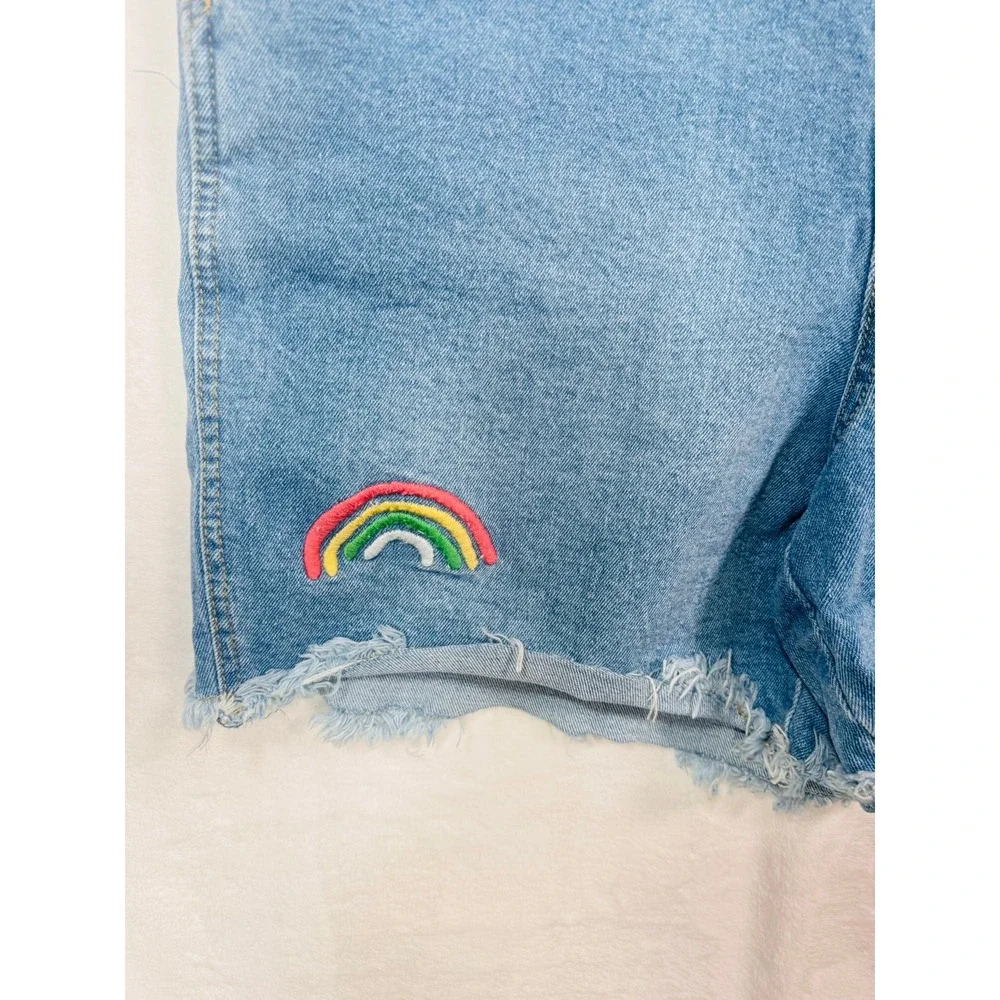 Women's Rainbow Strap Denim Shortalls Blue Queen Embroidered Jean Overalls - Picture 7 of 10